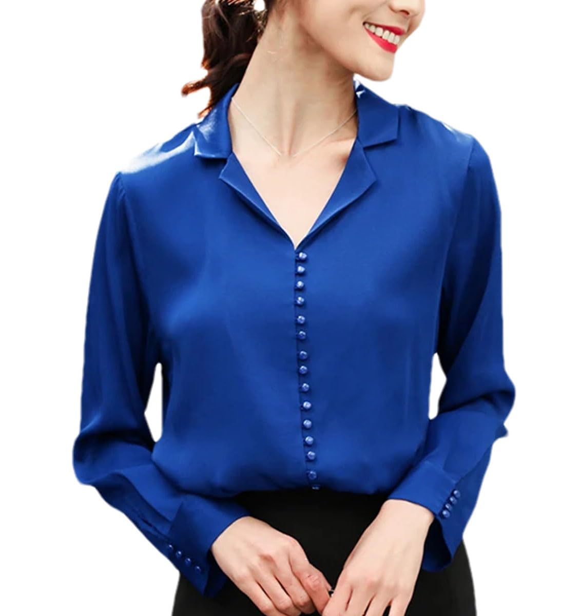Camisa de manga larga de seda con solapa para mujer, para negocios, oficina, cuello en V, ajustada