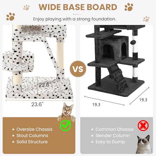 Image of SHA CERLIN 65in Larger Cat Tree Tower Condo for Indoor Kitties /Multi-Level Furniture Activity Center with Wide Base /Cozy Plush Perches /Baskets /Sisal Scratching Posts and Hammock /White & Black Spot