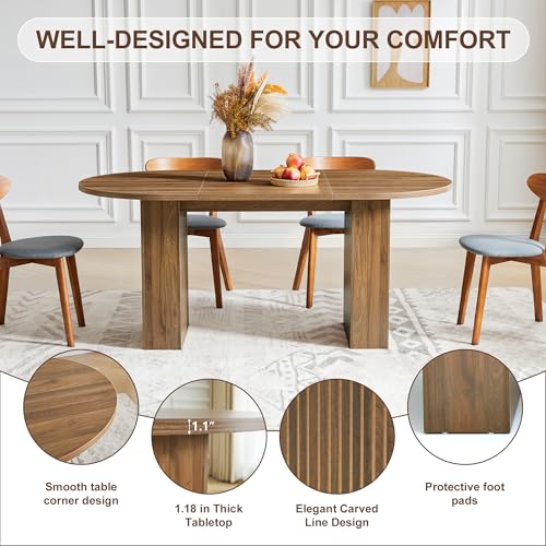 Image of weselon 70.8 inch Oval Dining Table with Dual Side Storage Shelves, Rustic Farmhouse Table for 4-6 People, Modern Wooden Round Dinner Table for Kitchen, Reception, or Living Room (Walnut, Table Only)