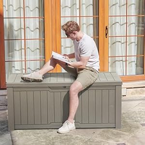 YITAHOME 120 Gallon Outdoor Storage Deck Box Large Resin Patio Storage for Outdoor Pillows Garden Tools and Pool Supplies Waterproof Lockable Light Brown