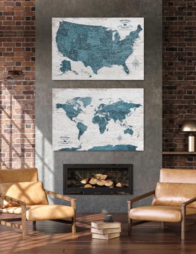 Image of IPIC Vintage Teal World Maps for Wall, World Map Canvas, Size 36x24 in
