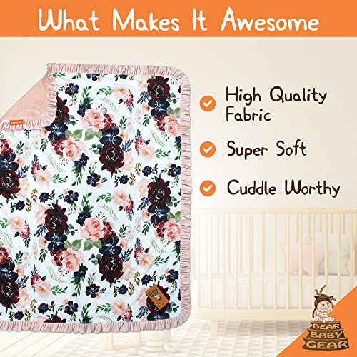 Image of Dear Baby Gear - Reversible Baby Blankets - Soft Nursery Blanket for Newborn - Toddler Blankey - Throw Blanket for Boys & Girls - Infant Blankets - 43x33 (Burgundy and Navy Floral with Blush Ruffles)