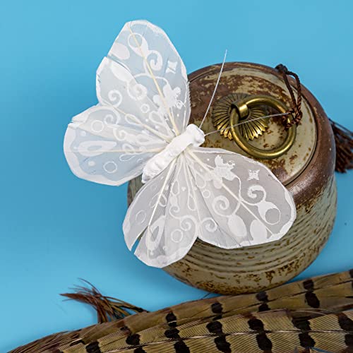 YCHTEWY Feather Butterfly Decoration on Picks, Floral Supplies, Set of 12 Pieces, with Wire, White Butterflies - Image 2