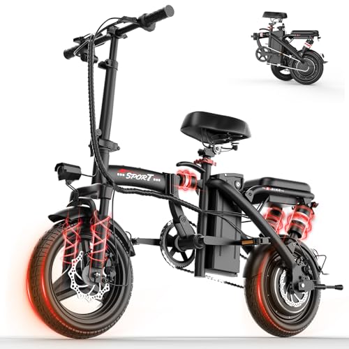 ASKGO Electric Bike for Adults Teens, 800W/1200W Peak Motor, 23MPH Folding E-Bike, 30-45 Miles Range, Dual Suspension, 3-Speed Modes, 14” Portable Electric Mini Bike, Commuting Ebike