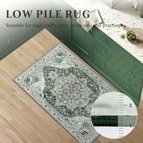 Deerly Vintage Green Area Rug 3x5 Small Entryway Rug Boho Thin Area Rugs for Living Room Non-Slip Lightweight Washable Rug for Kitchen Entryway Bedroom Dining Room Office, Green/Multi