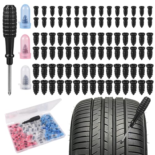 Oumers 90pcs Screws Tire Repair Rubber Nail Kit, 3 Sizes Self-Service Tyre Repairs Plugs Screwdriver Kit Tyre Puncture Repairs Screws Car Motorcycle Truck Puncture Rubber Nails Tire Repair Kit