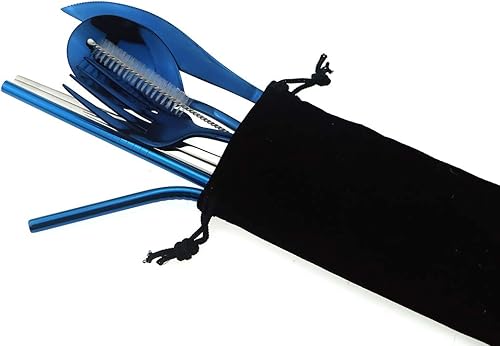 Miniatura 3 de Juego de cubiertos portátiles de 7 piezas, juego de cubiertos de acero inoxidable 304, juego de utensilios de viaje con bolsa, tenedor, cuchara,