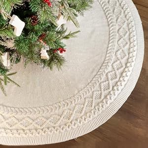 LimBridge Knitted Christmas Tree Skirt 60 Inch Extra Large Cream White Tree Skirt Diamond Cable Knit Combo Thick Christmas Tree Decorations Christmas Decor Xmas Holiday Home Party Decorations