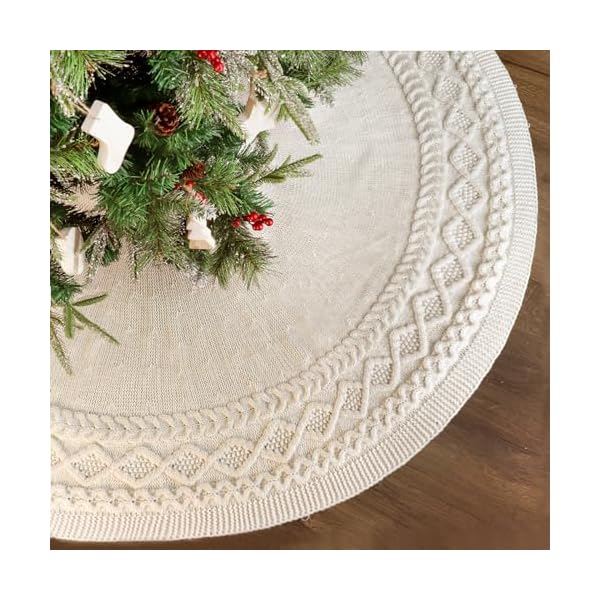Limbridge knitted christmas tree skirt 60 inch extra large cream white tree skirt diamond cable knit combo thick christmas tree decorations christmas decor xmas holiday home party decorations  urban country home decor