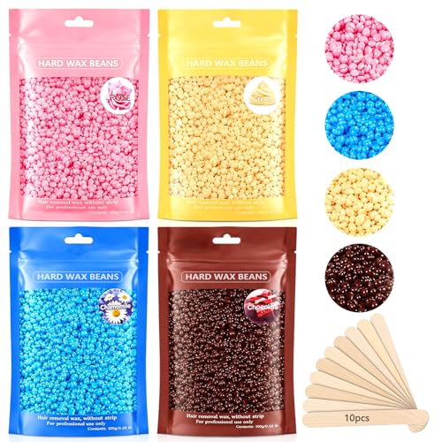 Hard Wax Beads,Professional WaxBeads for HairRemoval 400g HairWax with 10 Pcs WoodSticks for Full BodyBrazilian Bikini FaceLegs Eyebrow Painlessat Home for Womenand Men