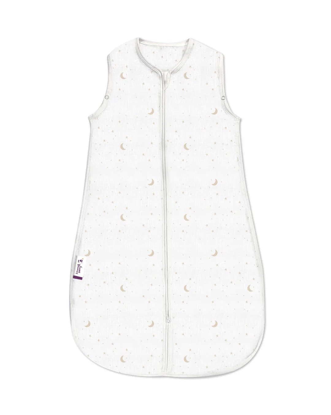 Sweet Dreamers White Moon And Stars Baby Sleeping Bag | 0-6 Months, 0.5 Tog | Organic Cotton Breathable Muslin Fabric | Summer Baby Sheeping Bag |
