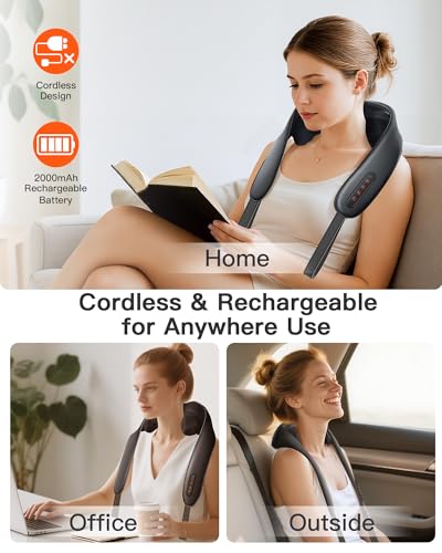 Neck and Shoulder Massager with Heat – Cordless Shiatsu Neck Massager for Pain Relief Deep Tissue - Adjustable Speed & Modes Kneading Massage for Back - Gift for Men Women