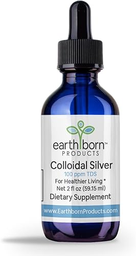 Earthborn - Líquido de plata coloidal (2 onzas) 100 PPM y agua de plata monatómica 99.999% pura, suplemento coloidal de plata natural para apoyo
