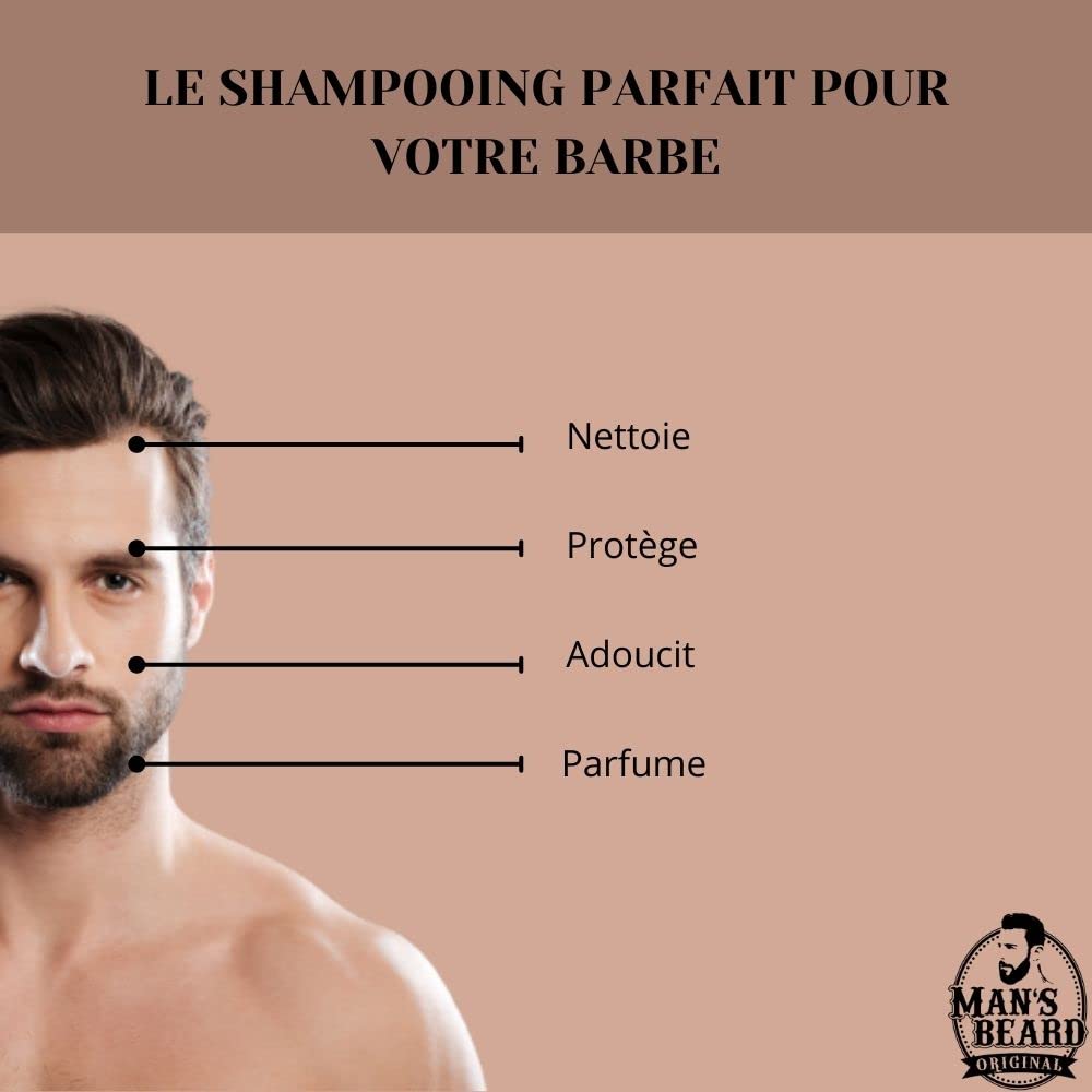 Man's Beard | Shampoing barbe, Produit nettoyant visage homme | Soin de la barbe | Usage quotidien | Ingrédients d'origine naturelle - Huile de Ricin | 150 ml | 100% Fabrication française