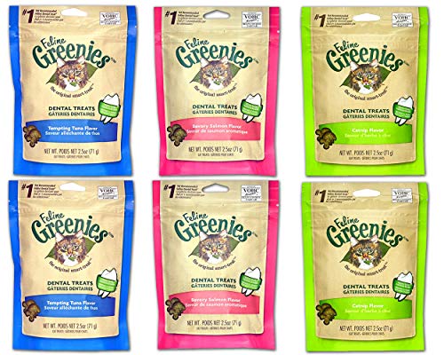 Pack Of 6 Bags Of 2.5Oz Feline Greenies. 2 Of Each Flavor: Chicken, Salmon And Oceanfish