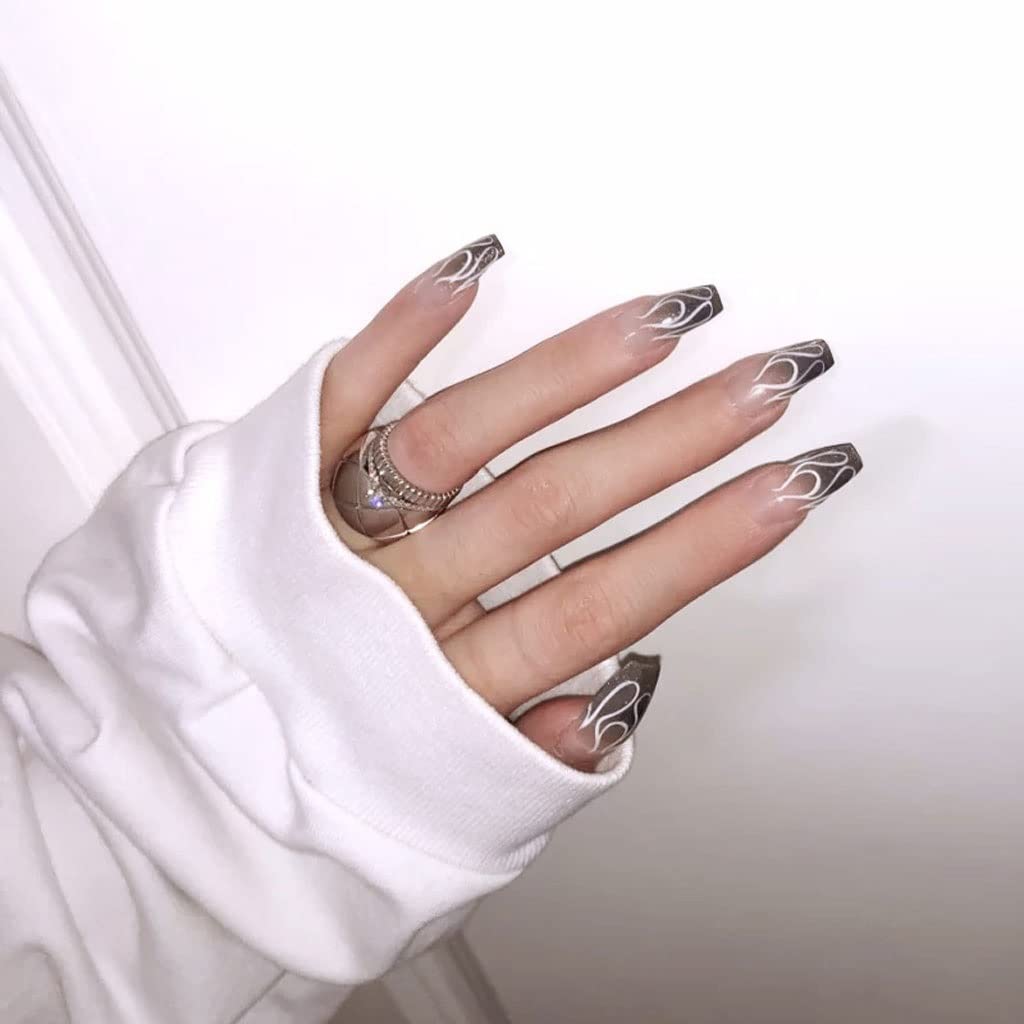 Press on Nails 3 Sets Gradient With Flame Fake Nail Long Self-Adhesive Nail Stickers Press-on Nails for Women Girls (Color : Flame) (Color : Flame) (Flame)