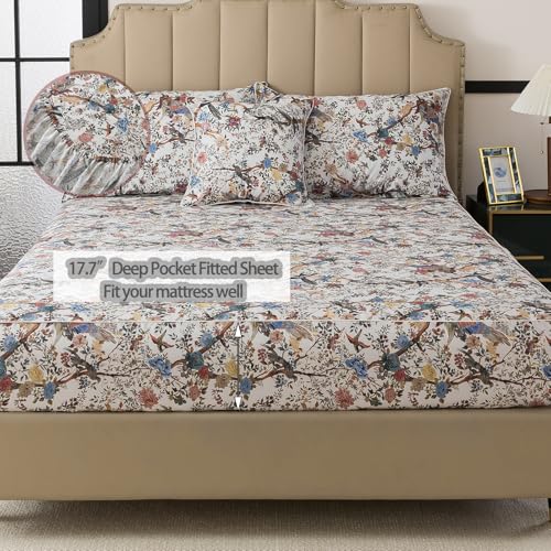 Image of FADFAY Sheets Set King Botanical Bird Floral Bed Sheets Set Vintage Mocha Mousse Farmhouse Bedding Shabby Branches Bedding 100% Egyptian Cotton Breathable Soft 17.7 inch Deep Pocket 4Pcs, King Size