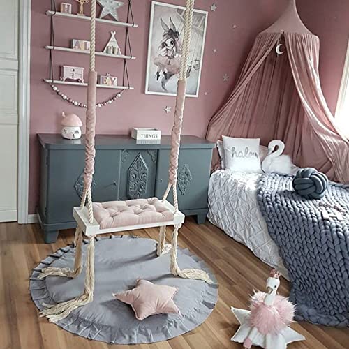 XMZFQ Wood Tree Swing Seat Set with Soft Cushion, Adjustable Hemp Rope, Tree Swing Chair for Kids Adults Indoor & Outdoor Play, Room Decoration,Pink