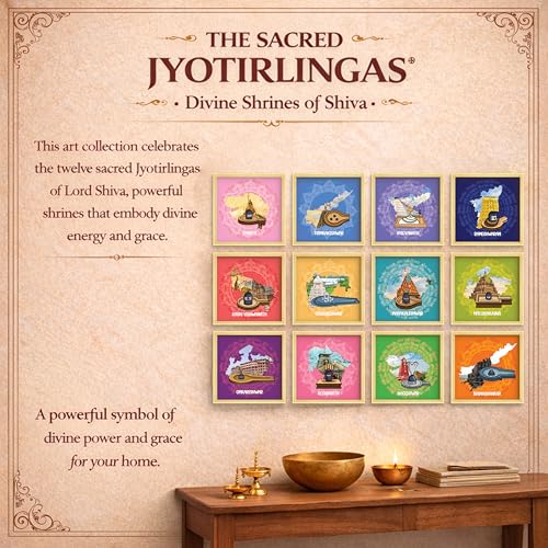 Image of 12 Jyotirlinga Wall Art Painting For Living Room | Lord Shiva Sacred Temples Framed Wall Art Paintings | Spiritual Home Decor Frames for Pooja Room, Office | Religious Gift Set (Set of 12), 9x9 Inch