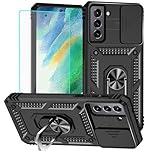 for Samsung S21 FE Case with Screen Protector: [Military Grade 20ft. Drop Tested] Slide Camera Cover Ring Shockproof Protective Phone Case for - Samsung Galaxy S21 FE (Black)