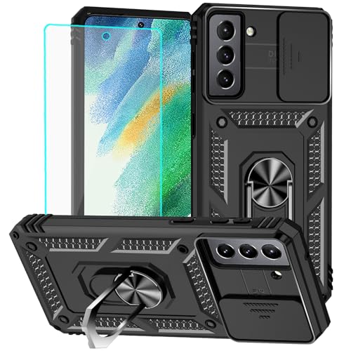 for Samsung S21 FE Case with Screen Protector: [Military Grade 20ft. Drop Tested] Slide Camera Cover Ring Shockproof Protective Phone Case for - Samsung Galaxy S21 FE (Black)