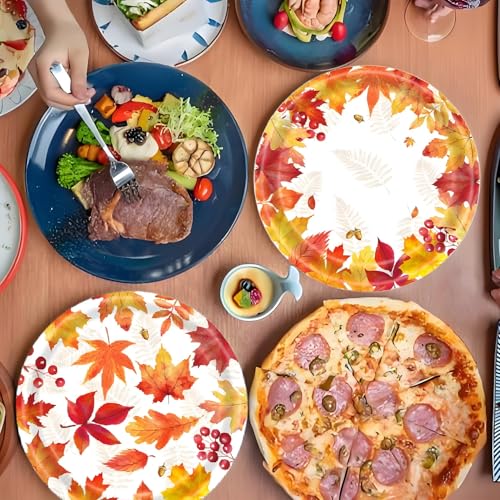 Image of 50 Pcs Fall Paper Plates Party Supplies Maple Leaf Themed 7 inch Plates