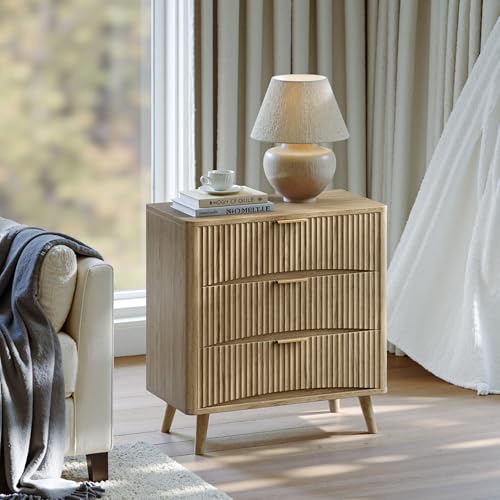 Image of Evermagin 31.5 inchW Oversized Large Fluted Nightstands Set of 2, 3 Drawers Light Wood Night Stand Bedside Table, Mid Century Modern Small Dresser for Bedroom, Natural Oak
