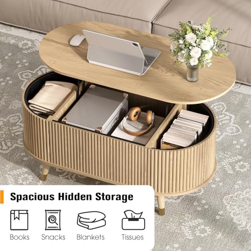 Image of JOINICE Oval Lift Top Coffee Table with Storage for Living Room,43 inch,Oak