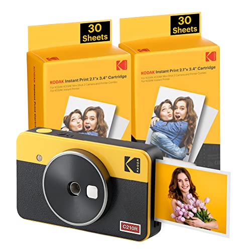 KODAK Mini Shot 2 Retro 4PASS 2-in-1 Appareil Photo Instantané and Imprimante Photo Portable (5,3x8,6cm) + Paquet avec 68 Feuilles, Jaune