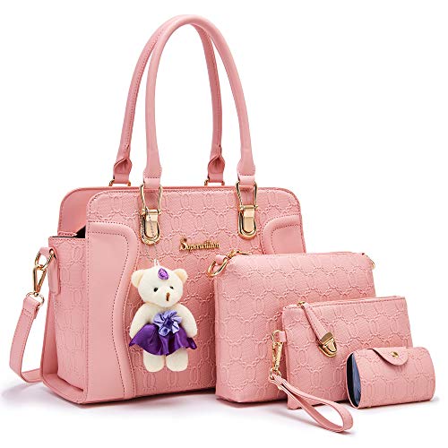 Image of Women's Fashion Handbag Tote Bag Shoulder Top Handle Satchel Purse Set 4pcs | Stylish Style,Chain Texture Design,Ample Space,Bear Doll Decoration,with a Crossbody Strap