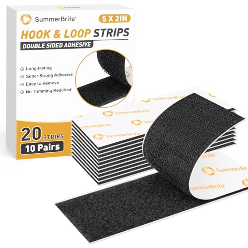 Image of SummerBrite 10 Pairs Heavy Duty Hook and Loop Strips 2 x 5 Inch, Industrial Strength Sticky Back Fasteners, Wide Double Sided Mounting Tape for Garage, Car & Outdoor Use, Black