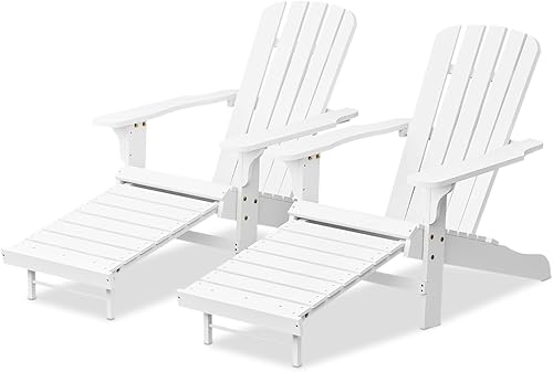 MoNiBloom Juego de 2 sillas Adirondack blancas con otomana retráctil, cómodas sillas de madera de abeto para todo tipo de clima, para patio trasero,