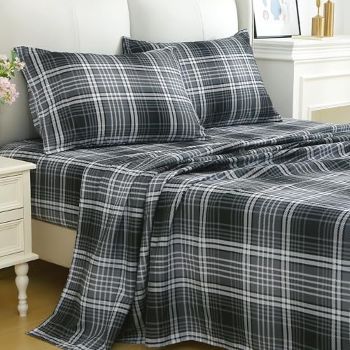 Image of MUXHOMO Full Size 4 Piece Sheet Set, Soft Breathable Bed Sheet Set for Bedroom with Deep Pocket Up to 16 inch, Wrinkle-Free & Cooling Bedding for Oeko-TEX Certified - Black /White Plaid