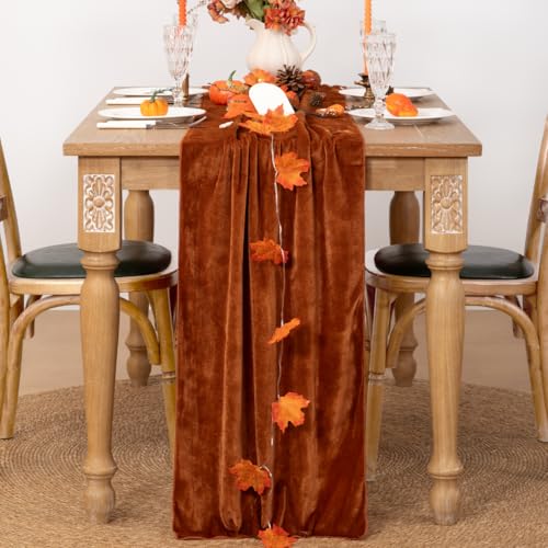 Image of Velvet Table Runner 10ft Luxury Wrinkle Resistant Velvet Fabric, Terracotta | Smooth Texture, Fade & Pilling Resistant, Rich in Luster, for Wedding Holiday Kitchen and Dining Table Decor, 20x120 Inches