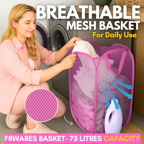 Image of F8WARES 2PK 75 Litres Nylon Mesh Foldable Laundry Basket for Clothes - Odourless Breathable Laundry Bag for Clothes with Carry Handles - Kids Toy Baskets For Storage & Dirty Cloth Basket Hamper Pink