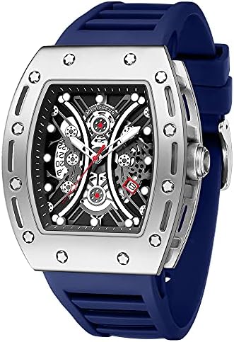 Mini Focus Unique Men Watch Tonneau Casual Wrist Watch (Hollow/Waterproof/Super Luminous/Calendar) Soft Silicon Band Fashion Cool Watch for Men