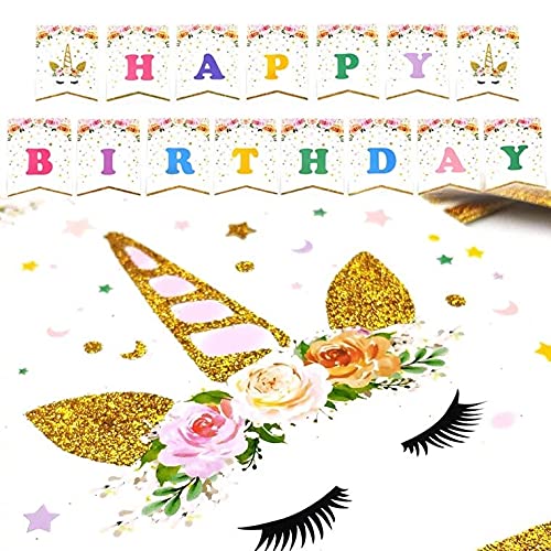 Cebelle Unicorn Birthday Party Decorations Supplies Favors, Unicorn Horn Headband, Happy Birthday Banner, 2 Huge Unicorn, 2 Flowers and 2 Heart Balloons, 20 Balloons, Gift for Girls Kids