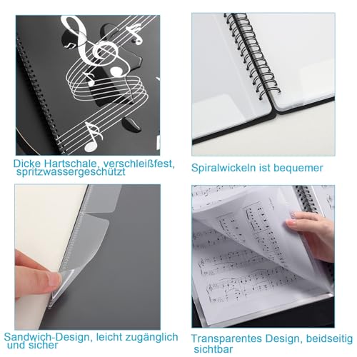 YFLeomry Notenmappe A4 20 Seiten/40 Taschen Notenmappe für Notenblätter A4, Notenhefter Wasserdicht Kunststoff Chormappe Schwarz für Sänger Notenblätter Klavier Gitarre Violine File Papier Fotos