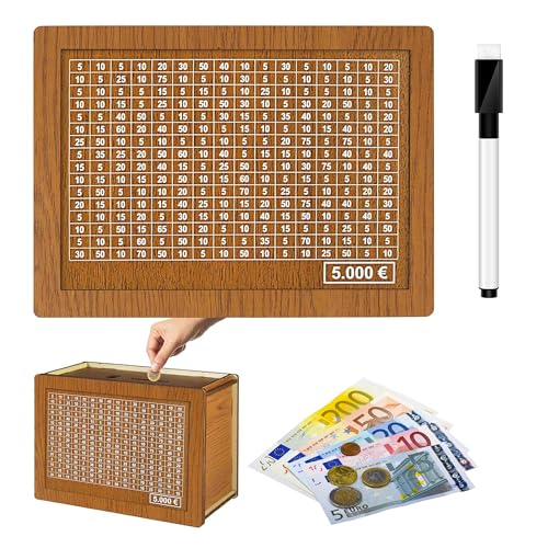 Hucha reutilizable con contador, 5000 euros caja de ahorro con números y marcadores, hucha de madera, hucha para adultos, niñas, niños, cumpleaños favores