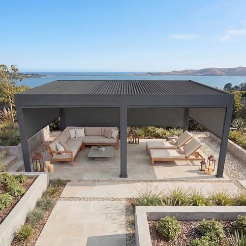 Pergola HWC-L46 mit 6X Seitenwand, Gartenpavillon Lamellen-Pavillon Rollo, 11cm-Alu-Gestell...