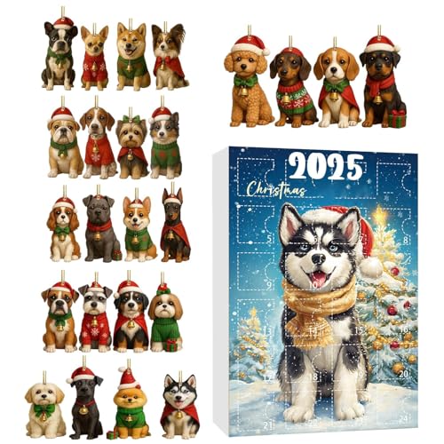 Arroopu Adventskalender mit Hunde-Motiv - 2D Flach Wiederverwendbar Saisonal,24-Tägiger Adventskalender Mit Anhängern In Hundemotiv,Für Familien Freunde Erwachsene Haustierliebhaber Bäume Fenster Und
