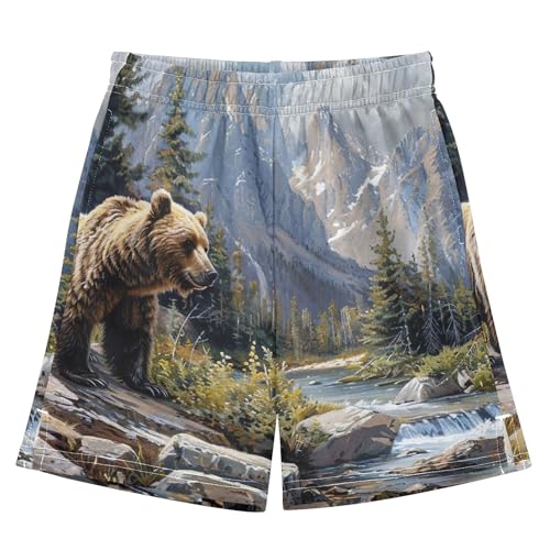 Grizzly Bear Mountains Landscape Shorts Casual for Boys Summer Athletic Shorts Print Sports Trunks 7-8