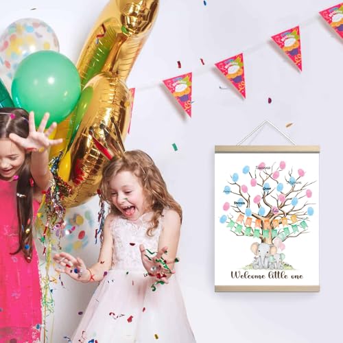 Image of QZCYU Gender Reveal Gifts Idea Party Fingerprint Decorations - Elephant Theme Canvas Decor - Woodland Baby Shower Guest Book (12x15in)