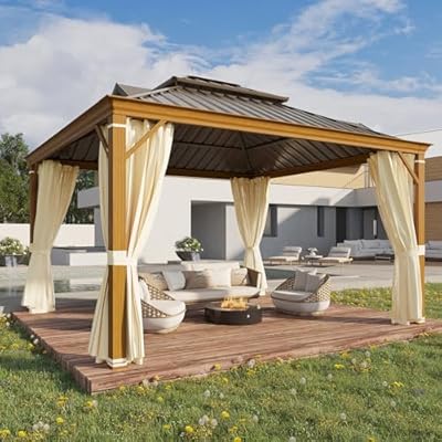 YOLENY 12' x 14' Hardtop Gazebo, Wood Grain Aluminum Frame Canopy with Galvanized Steel Double Roof, Outdoor Patio Gazebo with Netting and Curtains for Backyard, Patio, Lawns