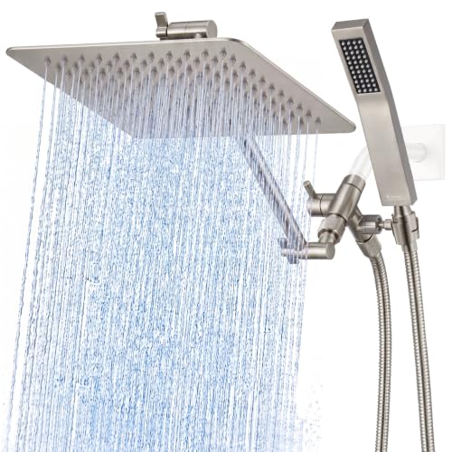 G-Promise All Metal 10" Dual Square Shower Head Combo | Rain Shower Head | Handheld Shower Wand | Adjustable | 3-Way Diverter | 71" Extra Long Hose - A Bathroom Upgrade(Brushed Nickel)