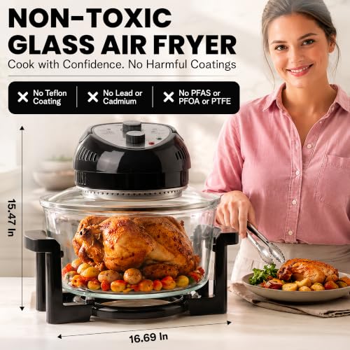 Image of Granitestone 16 Qt Large Glass Air Fryer Non Toxic, Black