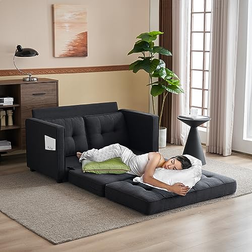Image of VINGLI Upgraded Loveseat Sleeper, 53.5 inch W 83 inch L Convertible Sofa Bed Couch Futon Couches for Living Room, Folding Couch Bed for Small Spaces, Fold Out Floor Gaming Sofa Bed for Basement, Black