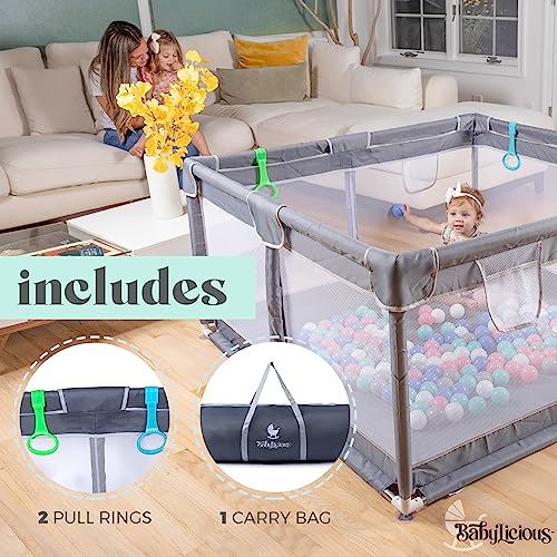 Baby Playpen Mat for Indoor Outdoor Use - Large Play Pen Activity Center for Babies & Toddlers - Durable, Breathable Mesh Foldable Safety Play Yard with Travel Carry Bag - Grey, 50\" by 50\"