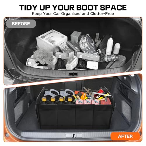 HIAHXC Organizador de Maletero Coche,Bolsa Plegable Reforzada y Estable con Bolsillo de Red,Caja Antideslizante, Impermeable y Versátil para Almacenaje Interior – Negro (Negro) - imagen 6