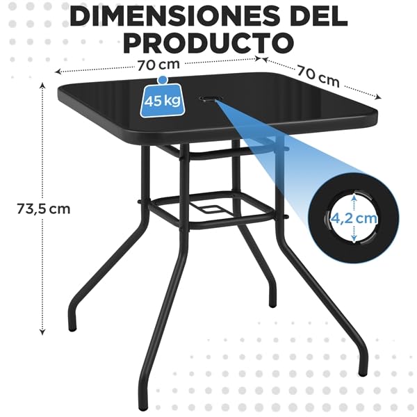 Yaheetech Mesa de Jardín Mesa Auxiliar de Cristal y Metálica Mesa de Balcón con Orificio para Sombrilla para Terraza, Jardín o Balcón 70 cm×70 cm Negro | Orificio de Sombrilla 4,2cm, Marco Metal Mate, Tablero de Vidrio Negro Serigrafiado, Capacidad 45kg,